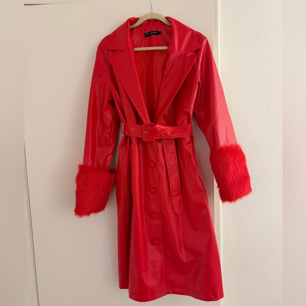 Red leather jacket with faux fur cuffs